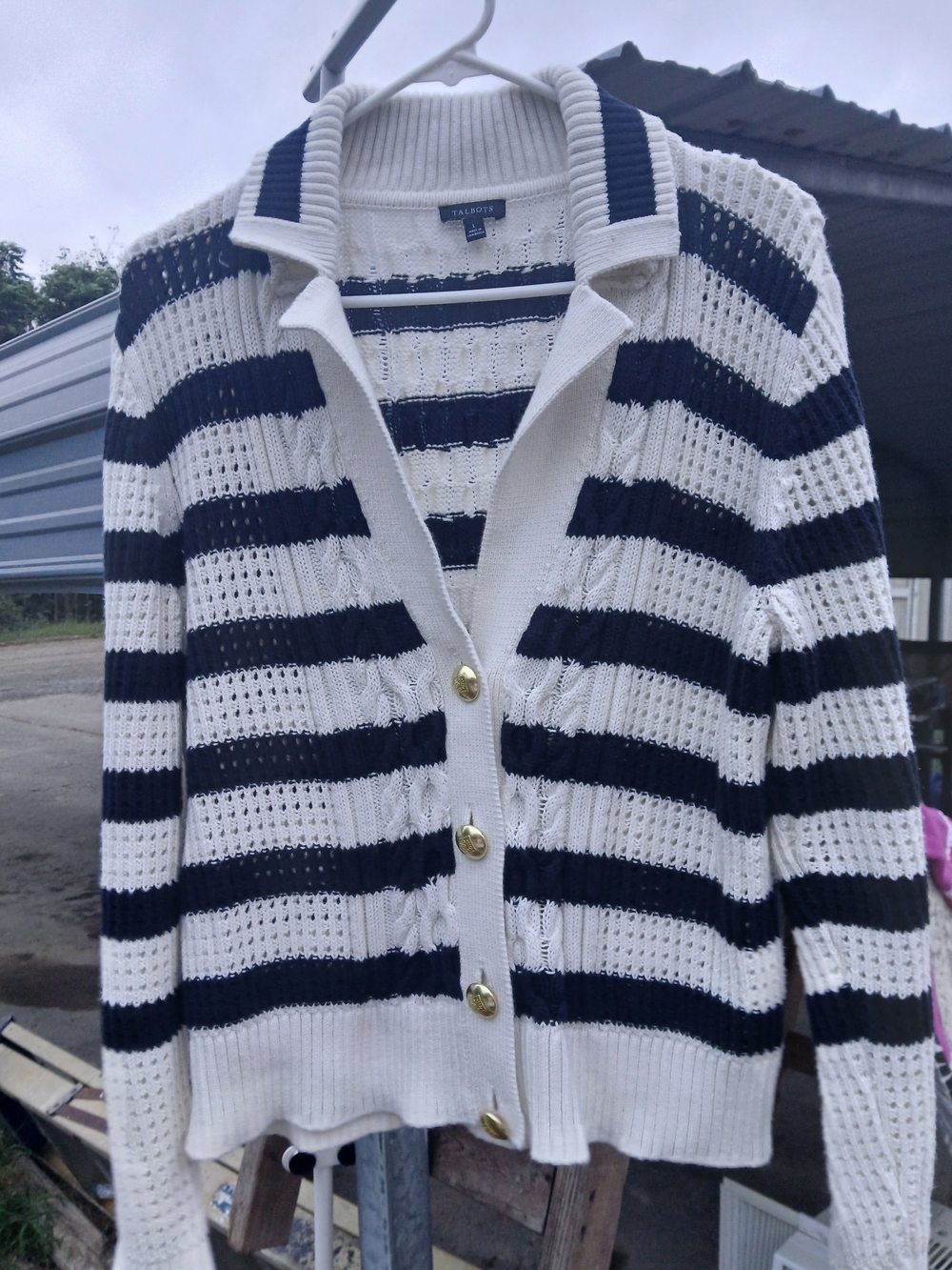Talbots Women's Navy and White Striped Button-Up Sweater